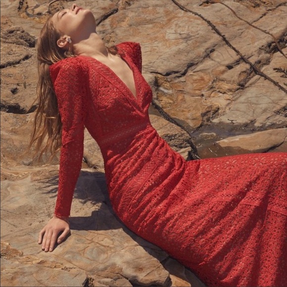 NEW BCBGMAXAZRIA Red Bcbg Mosaic Lace Maxi Dress - Picture 2 of 4